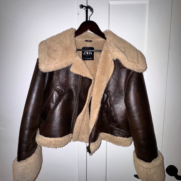 Zara Brown Shearling Aviator Jacket - Picture 2 of 7